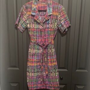 Colorful Vintage Plaid Button-Front Dress with Belt
